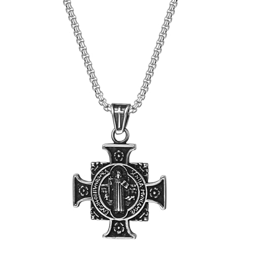 JewelryWe Benedikt Kreuz Kette Herren: Silber Edelstahl Heiliger Christophorus Erzengel Michael Schutzpatron Eisernes Kreuz Anhänger Retro St. Benedikt Halskette Religiöse Christliche Amulett Schmuck von JewelryWe