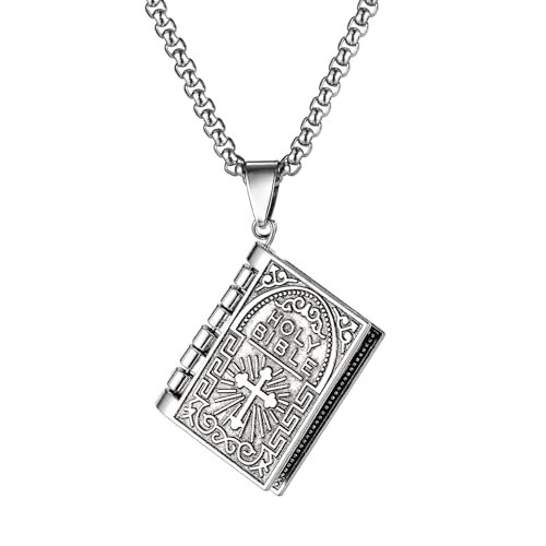 JewelryWe Bibel Buch Halskette Herren: Vintage Öffnende Bibelbuch Glaube Kreuz Anhänger Kette Christliche Religiöse Bibelvers Gebet Zitate Halskette Amulett Schmuck für Männer Frauen Alter Mann von JewelryWe