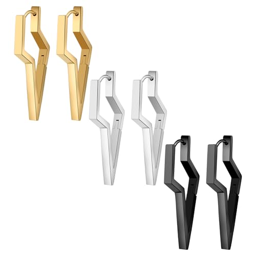 JewelryWe Blitz Ohrringe Creolen für Damen: 3 Paar Edelstahl Lightning Huggie Creolen Blitzohrringe 80er 90er Jahre Tropfen Ohrringe Punk Rock Mode Schmuck Geschenk für Frauen Männer von JewelryWe