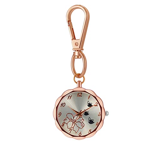 JewelryWe Blume Uhr mit Karabiner Schlüsselanhänger: Damen Karabineruhr Blüte Schmetterlings Analog Quarz Taschenuhr mit Weiß Rundem Zifferblatt und Rosegold Blume Design Gehäuse von JewelryWe