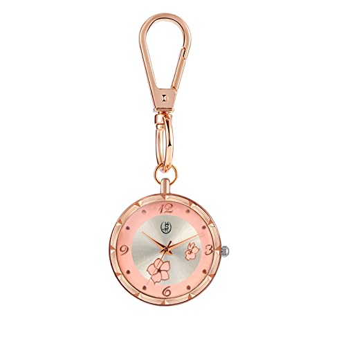 JewelryWe Blumen Uhr mit Karabiner Schlüsselanhänger: Damen Karabineruhr Blütenblätter Analog Quarz Taschenuhr mit Rosa Rundem Zifferblatt und Rosegold Gehäuse von JewelryWe