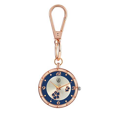 JewelryWe Blumen Uhr mit Karabiner Schlüsselanhänger: Damen Karabineruhr Blütenblätter Analog Quarz Taschenuhr mit Weiß Rundem Zifferblatt und Rosegold Gehäuse von JewelryWe