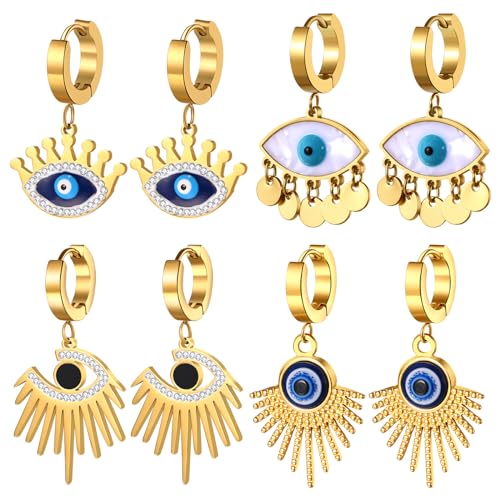 JewelryWe Böser Blick Ohrringe Damen: 4 Paar Edelstahl Strass Creolen Huggie Ohrringe mit Baumelnde Augen Evil Eye Starburst Ohrringe Hängende Ohrringe Ohrhänger Geschenk für Frauen Mädchen von JewelryWe
