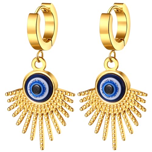 JewelryWe Böser Blick Ohrringe Damen: Gold Blau Edelstahl Strass Creolen Huggie Ohrringe mit Baumelnde Augen Evil Eye Starburst Ohrringe Hängende Ohrringe Ohrhänger Geschenk für Frauen Mädchen von JewelryWe