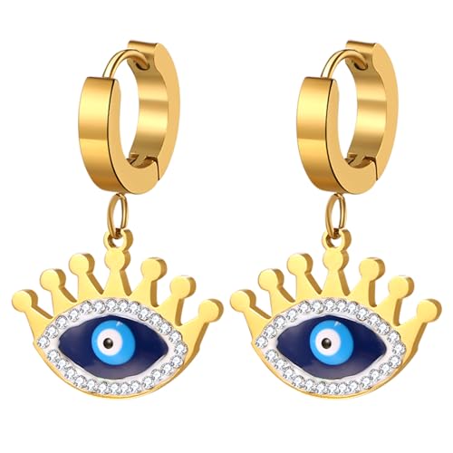 JewelryWe Böser Blick Ohrringe: Gold Blau Edelstahl Strass Creolen Mit Baumelnde Augen Krone Evil Eye Starburst Hängende Ohrhänger - Geschenk für Frauen Mädchen von JewelryWe