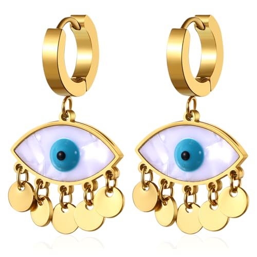 JewelryWe Böser Blick Ohrringe: Gold Edelstahl Strass Creolen Mit Baumelnde Augen Kreis Quasten Evil Eye Starburst Hängende Ohrhänger Geschenk für Frauen Mädchen von JewelryWe