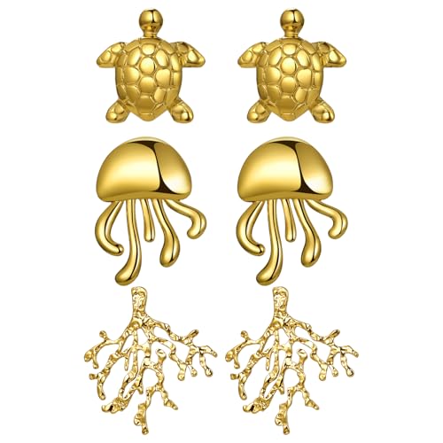 JewelryWe Boho Strand Ohrringe Gold: 3 Paar Edelstahl Schildkröte Qualle Koralle Ohrstecker Set Damen Sommer Statement Ohrringe Meerestier Maritimer Ohrschmuck Sommer Urlaub Accessoires von JewelryWe