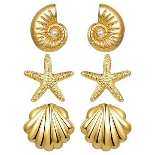 JewelryWe Boho Strand Ohrringe Gold: 3 Paar Edelstahl Seestern Muschel Conch Schnecke Ohrstecker Set Damen Sommer Statement Ohrringe Meer Schmuck Sommer Urlaub Accessoires von JewelryWe