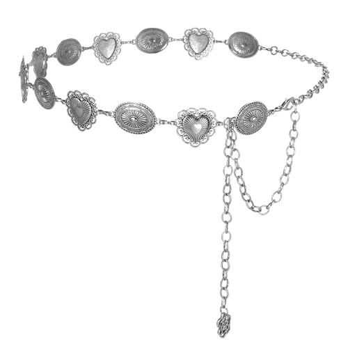 JewelryWe Boho Taillenkette Kettengürtel für Damen: Silber Metall Verstellbar Western Cowgirl Gürtel Herz Gänseblümchen Vintage Bauchkette Hüftgürtel Taille Kette für Kleid von JewelryWe