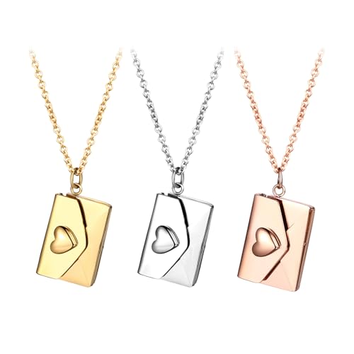 JewelryWe Briefumschlag zum öffnen Halskette Damen: 3er Set Edelstahl Liebesbrief Umschlag Anhänger Kette mit Love You Gravur Karte Geschenk für Frau Freundin Liebhaber von JewelryWe