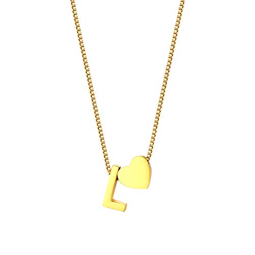 JewelryWe Buchstaben Herz Kette Damen: Gold Edelstahl Buchstabenkette Initiale Halskette mit Anfangsbuchstaben Alphabet L Herz Anhänger Namen Kettenanhänger Initialschmuck Geschenke Mädchen Freundin von JewelryWe