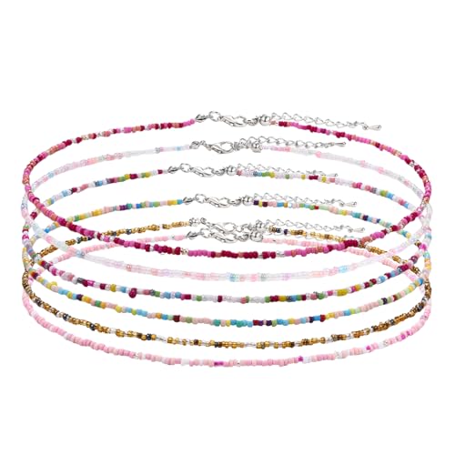JewelryWe Bunte Perlen Choker Halskette: 6 Stück Boho Regenbogen Perlenkette Verstellbare Choker Kette Sommer Strand Halsschmuck Bohemian Hawaii Stil Schmuck Y2K Geschenk für Damen Teenager Mädchen von JewelryWe