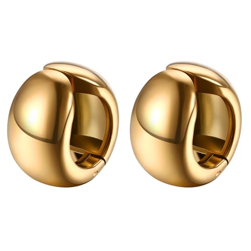 JewelryWe Chunky Gold Ohrclips Damen: 14K Vergoldet Edelstahl Dick Huggie Creolen Fake Piercings Ohrklemmen Klein Leicht Clip Ohrringe Ohne Ohrloch Knorpel Ohrringe Schmuck 16mm Geschenk Frau von JewelryWe