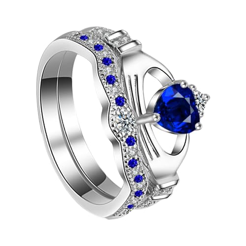 JewelryWe Claddagh Herz Ringe für Damen: 2 in 1 Damen-Ring Irische Claddagh Krone mit Blau Herz Zirkonia Partnerringe Eheringe Versprechen Verlobung Hochzeit Band Frauen Stapelringe Silber Größe 62 von JewelryWe