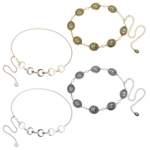 JewelryWe Concho Kettengürtel Taillenkette für Damen: 4er Set Boho Türkis Taille Gürtel mit Sonne Mond Stern Verstellbarer Metall Western Cowgirl Gürtel Taillengürtel für Kleid, Gold Silber von JewelryWe