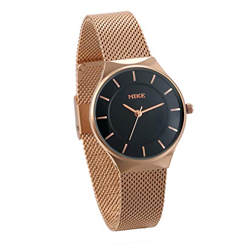 JewelryWe Damen Analog Quarz Armbanduhr Elegant Klassisch Rosegold Ton Edelstahl Milanaise Mesh Armband Uhr mit Schwarz Rundem Zifferblatt von JewelryWe