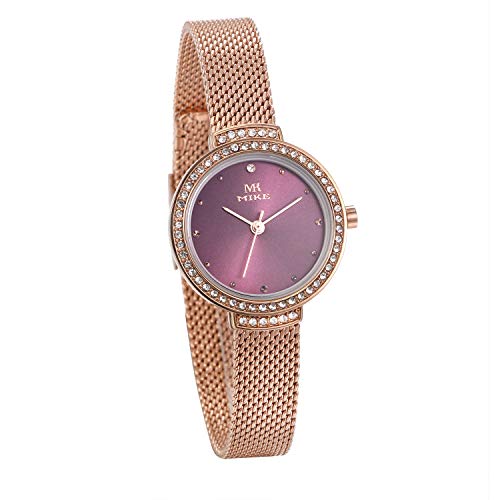 JewelryWe Damen Analog Quarz Armbanduhr Klassische Rosegold Ton Edelstahl Milanaise Mesh Armband Uhr mit Lila Rundem Zifferblatt und Strass Gehäuse von JewelryWe