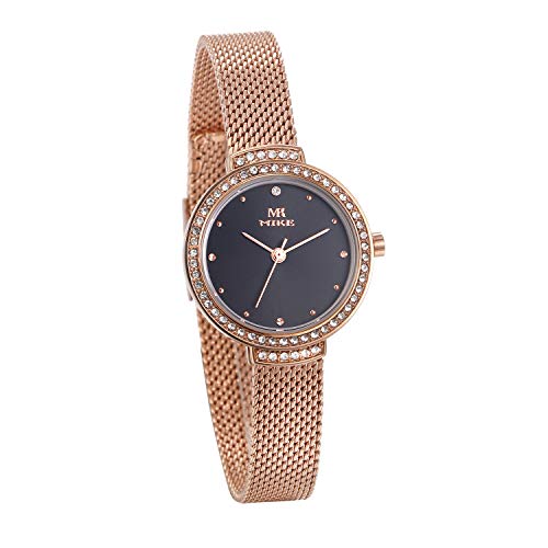 JewelryWe Damen Analog Quarz Armbanduhr Klassische Rosegold Ton Edelstahl Milanaise Mesh Armband Uhr mit schwarz Rundem Zifferblatt und Strass Gehäuse von JewelryWe