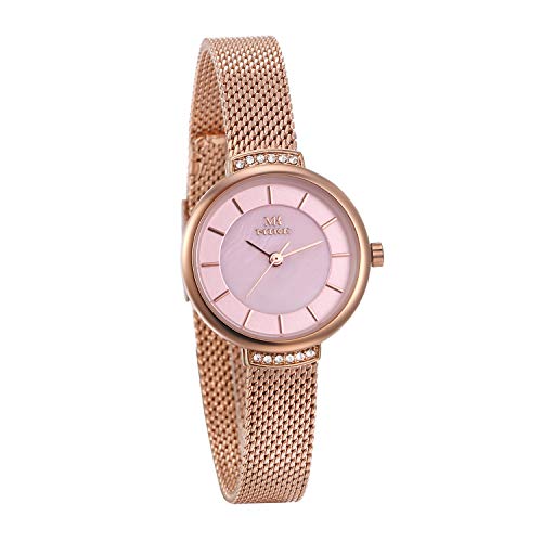 JewelryWe Damen Analog Quarz Uhr Klassische Rosegold Ton Edelstahl Milanaise Mesh Armband Business Casual Armbanduhr mit Pink Rundem Zifferblatt von JewelryWe