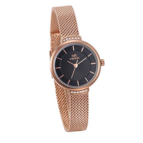 JewelryWe Damen Analog Quarz Uhr Klassische Rosegold Ton Edelstahl Milanaise Mesh Armband Business Casual Armbanduhr mit Schwarz Rundem Zifferblatt von JewelryWe