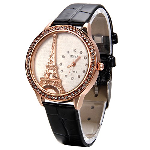 JewelryWe Damen Armbanduhr, Analog Quarz, Exquisite Leder Armband Uhr mit Strass Eiffelturm Zifferblatt, Schwarz von JewelryWe