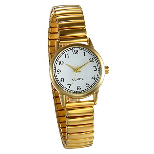 JewelryWe Damen Armbanduhr, Elegant Analog Quarz Uhr mit Digital Zifferblatt und Elastisch Legierung Armband Gold von JewelryWe