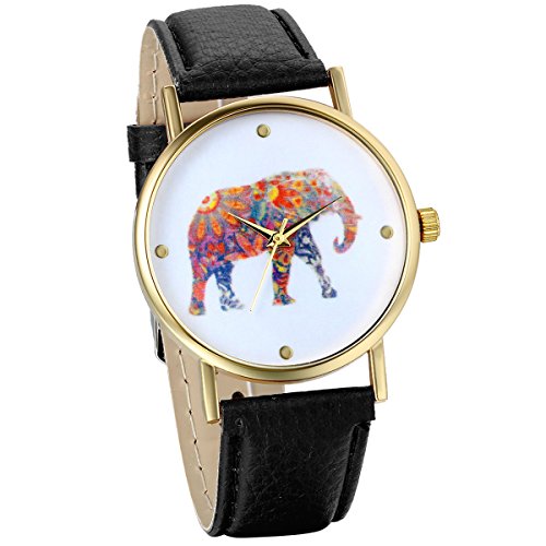 JewelryWe Damen Armbanduhr, Elegant Charm Analog Quarz Leder Armband Uhr mit Bunt Elefant Zifferblatt, Schwarz von JewelryWe