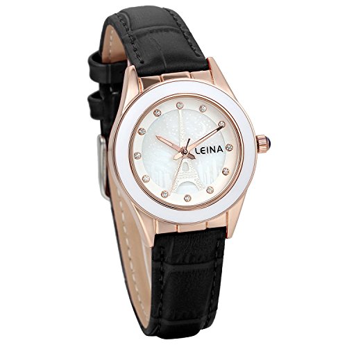 JewelryWe Damen Armbanduhr, Exquisit Leder Analog Quarz Uhr mit Strass Eiffelturm Zifferblatt & Keramik Dial Kreis, Schwarz von JewelryWe