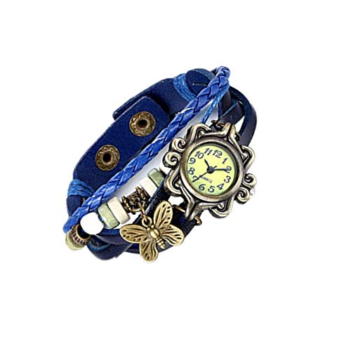 JewelryWe Damen Armbanduhr, Retro Vintage Analog Quarz Uhr mit Schmetterling Beads Kugeln Charm Leder Armkette Armband, Blau von JewelryWe