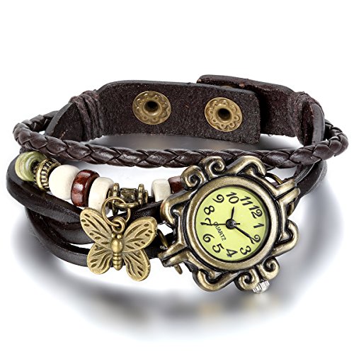 JewelryWe Damen Armbanduhr, Retro Vintage Analog Quarz Uhr mit Schmetterling Beads Kugeln Charm Leder Armkette Armband, Kaffee von JewelryWe