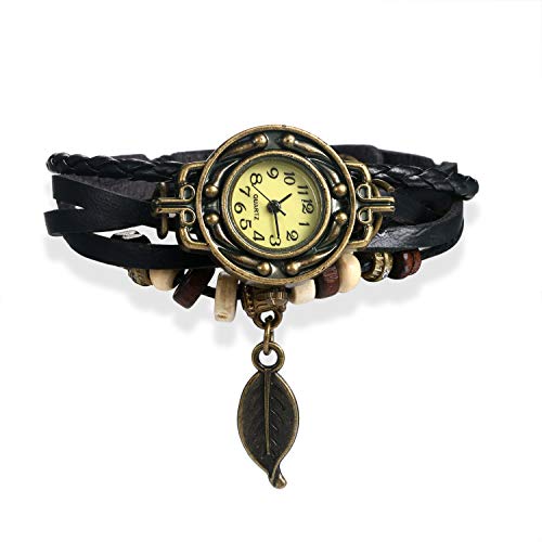 JewelryWe Damen Armbanduhr, Retro geflochten Leder Armband Armreif Armkette Uhr mit Baum Blatt Anhänger, Schwarz von JewelryWe