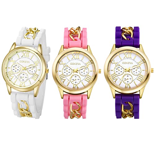 JewelryWe 3pcs Uhren Damen Analog Quarz Armbanduhr Römische Ziffern Beiläufige Uhr mit Panzekette Kette Silikon Armband Weiß/Rosa/Lila von JewelryWe