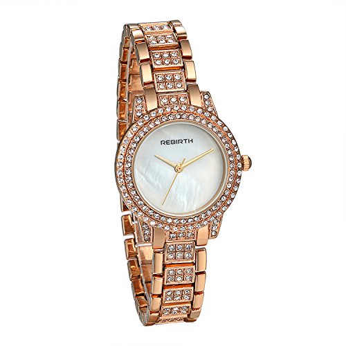 JewelryWe Damen Luxus Armbanduhr Analog Quarz Strass Rosegold Metall Band Uhr mit Muschel Zifferblatt von JewelryWe