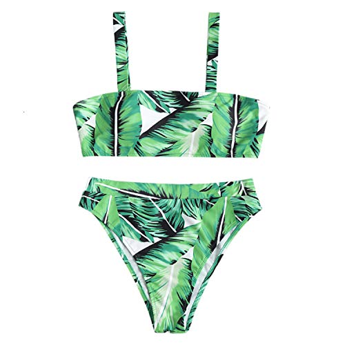 JewelryWe Damen Bikini Set mit Palmblatt Blatt Gedruckt Push Up Gepolstert Bustier Hohe Taille Bikinislip Badeanzug Bademode, L von JewelryWe