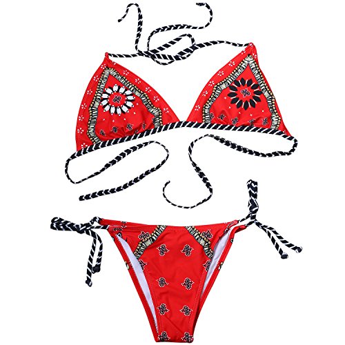 JewelryWe Damen Bikini-Sets Sexy Retro Gedruckt Dreieck Bikini Push up Gepolstert Rückenfrei Badeanzug Tankini, Rot, L von JewelryWe