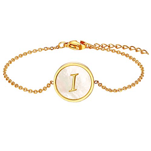 JewelryWe Damen Buchstaben Armband, Edelstahl Muschel Initial Letter A-Z Anfangsbuchstaben Armkette Charmsarmband für Frauen Mädchen Gold von JewelryWe