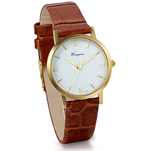 JewelryWe Damen Freundschafts Armbanduhr, Einfach Business Casual Analog Quarz Uhr für Lieben Valentinstag Paar Paare Geschenk, Kaffee Leder Armband & Römische Ziffern Zifferblatt von JewelryWe