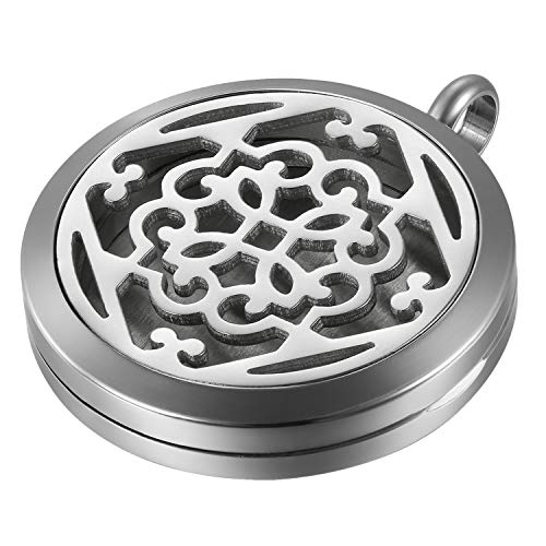JewelryWe Damen Halskette, Edelstahl Hohle Retro Blumen Muster Aromatherapie Ätherische Öle Diffusor öffenbar Floating Medaillon Locket Anhänger mit 6 Bunt Filzkreisen und 45cm Kette, Silber von JewelryWe