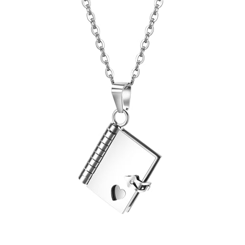 JewelryWe Damen Halskette mit Buch Anhänger: Silber Edelstahl Buch Medaillon zu öffnen Herz Liebesbrief Anhänger Kette Geschenk für Buchliebhaber Frau Freundin von JewelryWe