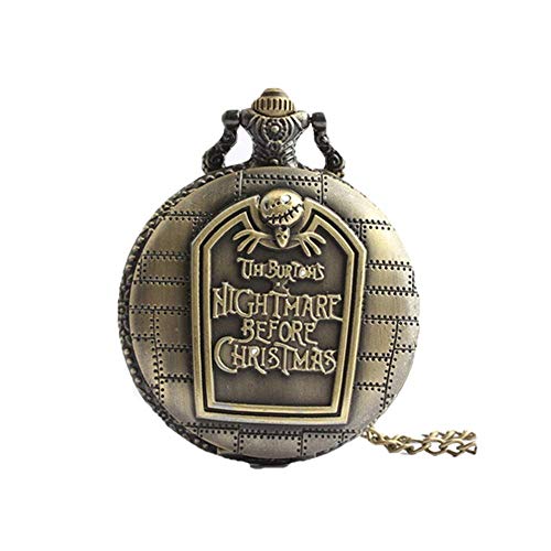 JewelryWe Retro Taschenuhr Herren Kette: Vintage Bronze Farbe Tim Burton's The Nightmare Before Christmas Kettenuhr Männer Analog Quarz Uhr Uhranhänger mit Lange Pullover Halskette Geschenk von JewelryWe