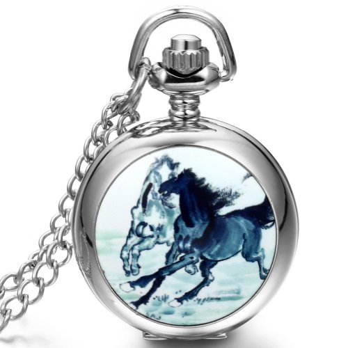 JewelryWe Damen Herren Taschenuhr Emaille Doppel laufende Pferden Uhranhänger Quartz Legierung Kettenuhr Uhr Halskette von JewelryWe