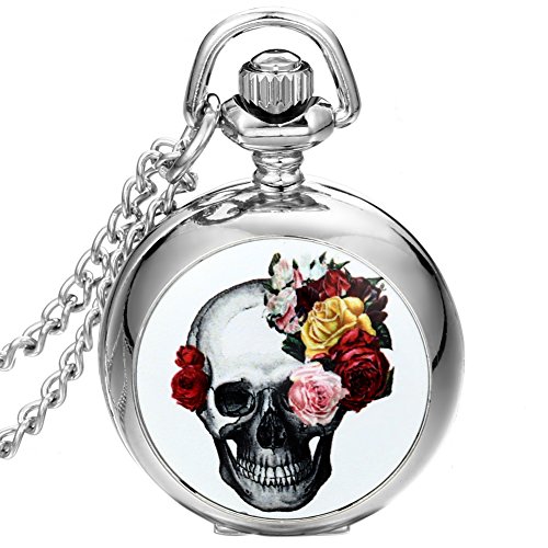 JewelryWe Totenkopf Taschenuhr Damen Kette: Retro Gothic Weiß Emaille Rose Blumen Schädel Kettenuhr Analog Quarz Uhr Anhänger mit Legierung Halskette Silber Geschenk für Frau Mutter Freundin von JewelryWe