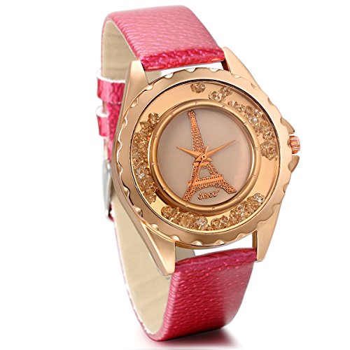 JewelryWe Uhren Damen Leder Eiffelturm: Elegant Charme Analog Quarz Armbanduhr Frauen Mädchen Casual Uhr mit Rot Leder Armband & Beweglich Strasssteine Eiffelturm Zifferblatt von JewelryWe