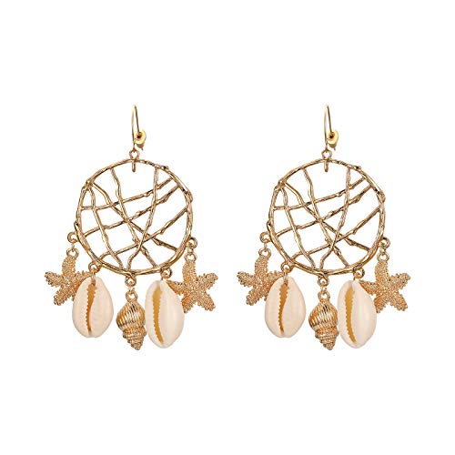 JewelryWe Damen Ohrringe, Boho Traumfänger Kauri Muschel Tritonshorn Seestern Tropfenohrring Baumelnde Statement Ohrstecker Ohrhänger für Frau Mädchen von JewelryWe