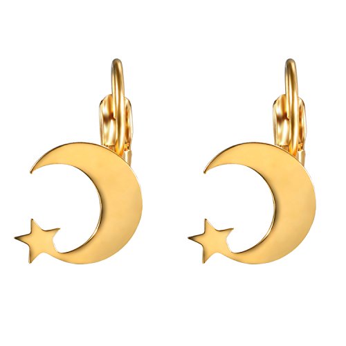 JewelryWe Damen Ohrringe Mond Stern: Edelstahl Halbmond Pentagramm fünfzackiger Stern Ohrringe Ohrhänger Ohrstecker Ohrschmuck für Frauen Mädchen Gold von JewelryWe