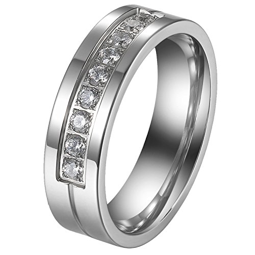 JewelryWe Damen Ring Edelstahl Zirkonia: Verlobungsringe mit Gravur Poliert Glatt Memoirering Partnerringe Trauringe Eheringe Hochzeit Band Ringe für Frauen Silber Größe 52 von JewelryWe