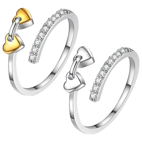 JewelryWe Damen Ring mit Herz und Zirkonia: 2 Stück Vergoldet Damenring Verstellbar Offen Fingerring mit Zwei Herzen Stapelbare Statement Ringe - Geschenk für Frau Freundin Tochter von JewelryWe