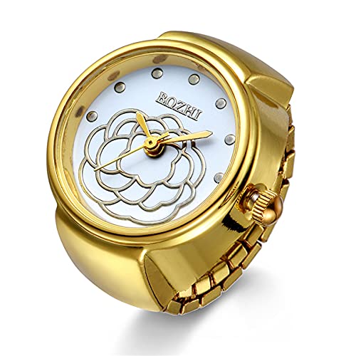 JewelryWe Damen Ringuhr Fingeruhr Analog Blumen Quarzuhr Elastisch Ring Band Uhr Uhrenring Geschenk für Mädchen Gold von JewelryWe