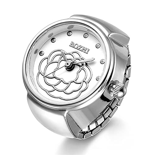 JewelryWe Damen Ringuhr Fingeruhr Analog Blumen Quarzuhr Elastisch Ring Band Uhr Uhrenring Geschenk für Mädchen Silber von JewelryWe