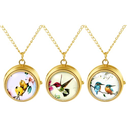 JewelryWe Damen Taschenuhr Gold mit Kette: 3 Stück Niedlich Vogel Analog Quarz Kettenuhr Vintage Stressabbau Uhr Anhänger Halskette mit Drehbarem Deckel und Arabischen Ziffern von JewelryWe
